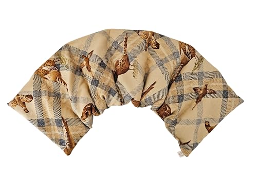 Microwavable LOVEwrap Neck & Shoulder wrap -Heated microwavable Warming Soothing Muscle Pain Relief Fatigue Relaxation - Unscented 6 x 24 - flaxsSeed - Natural Soft Cotton - Pheasant Bird Plaid Beige - color: Pheasant Plaid
