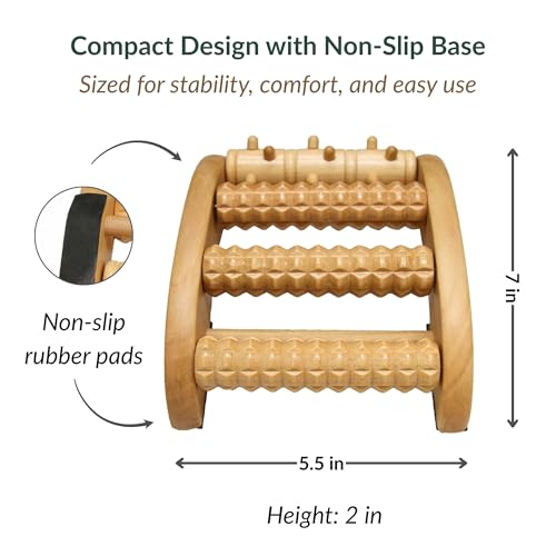 Wooden Foot Roller Massager, 4 Textured Rollers, Reflexology Tool, Brown