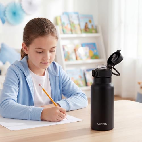 GOPPUS 17oz Kids Insulated Water Bottle, Leak-Proof Flip Lid & Carry Handle - color: Black