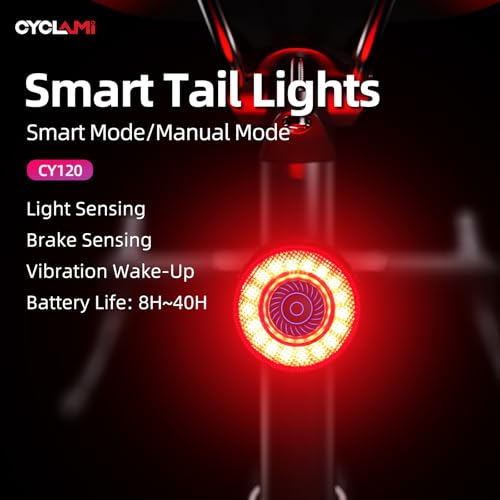 Bike Tail Light/Rear Light — Auto-On, Smart Brake Warning, USB Rechargeable, 6 Lighting Modes, Light Sensor, 40H Runtime, Battery Level Indicator, IP65 Waterproof, LED Backlight