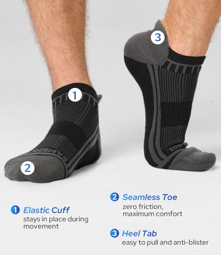 BAMBOO COOL Mens Athletic Ankle Socks Moisture Wicking Cushioned 8 Pack - color: 6a-black*3 Grey*3, size: Medium