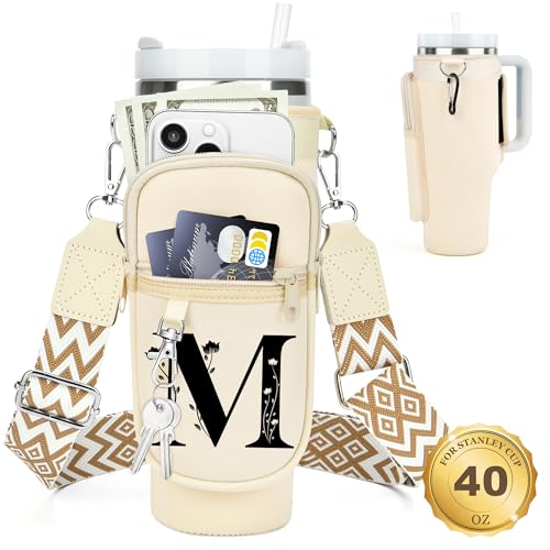 Initial Water Bottle Holder with Strap for Stanley Cup 40 oz Tumbler - color: White, style: M