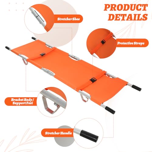 TrelaCo Folding Stretcher 81 x 21.3 x 5.4 Inch Aluminum Alloy Collapsible Gurney Emergency Portable Stretcher with Heavy Duty Handles Rubber Feet for Ambulance Patient Transport, Orange