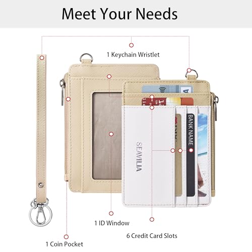 SEAVILIA Small Wallet for Women Slim Wristlet Keychain Wallets RFID Credit Card Holder With Zipper Pocket, ID Window (Beige＆Apricot) - color: Beige＆Apricot