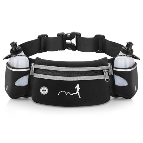 Hydration Running Belt with Water Bottles(2 x 300ML), Luckit Nylon Webbing Running Waist Bag Reflective Bum Bag Adjustable Sports Waist Pouch for Marathon Running Hiking Camping Jogging (Black) - color: Black