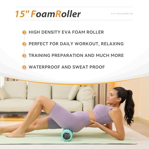 5 in1 Foam Roller Set High Density 15" Foam Roller for Muscle Recovery - color: Pure Turquoise