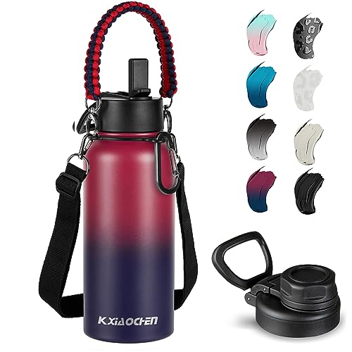 KXIAOCHEN Insulated Water Bottle with Strap, 48-Hour Cold, 2 Lids - color: Dark Rainbow, size: 32 Ounces