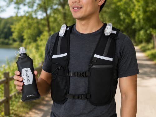 Running Phone Holder Vest with 500ml/17 oz Water Bottle | Reflective Hydration Vest | Adjustable | 4 LED Lights | 6 Pockets for Running Accessories | Unisex