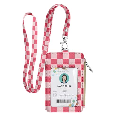 bolimoss Checkered Lanyard Wallet with Id Badge Holder Slim Keychain Wallet for Women Zip Card Holder with ID Window, 5 Card Slots, Side Zipper Coin Purse, Detachable Neck Strap - color: Rose Red Checkerboard