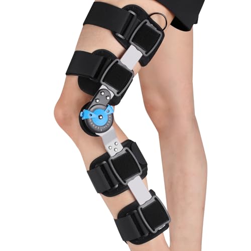 Hinged ROM Knee Brace with Adjustable Locking Dial & Side Stabilizers - Post Op Knee Support for ACL, PCL, MCL Injury, Meniscus Tear Recovery - Universal Fit Stabilizer for Men & Women, Left or Right Leg