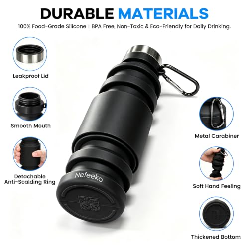 Nefeeko Collapsible Water Bottle, 18floz Reuseable BPA Free Silicone Foldable Bottles for Travel Gym Camping Hiking, Portable Leak Proof Sports Water Bottle with Carabiner - color: Black-18oz
