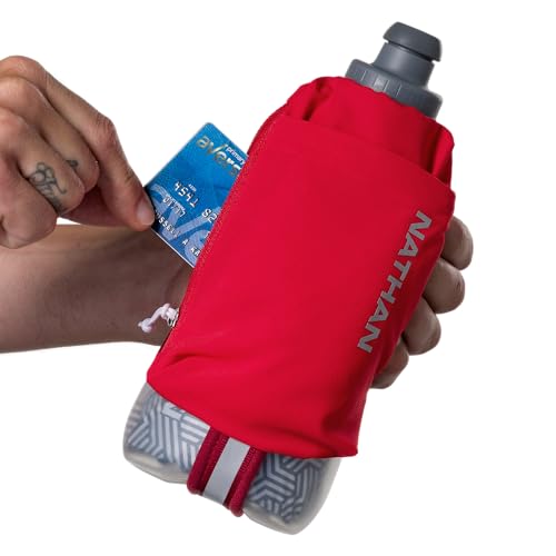 Nathan SpeedDraw 2 Insulated Handheld Running Water Bottle Flask 18oz – Double-Wall Insulation, Ergonomic Grip, Blast Valve Cap, Phone & Key Storage Pockets, Reflective Design - color: 18oz Insulated - Ribbon Red