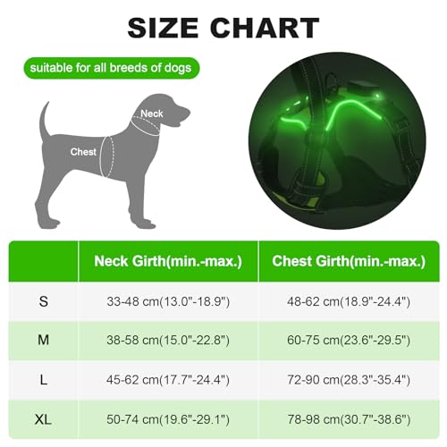 MASBRILL Lighted Dog Harness - No Pull, Adjustable Glowing Harness for Small to Large Dogs with Handle, Rechargeable LED Light - color: Green, size: S