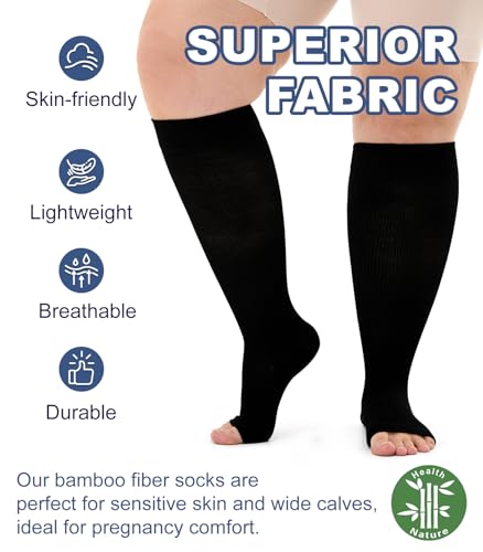 Breslatte Bamboo Viscose Wide Calf Compression Socks Open Toe for Women Men Plus Size Toeless 10-14 mmHg Circulation - color: 4p3 4nude, size: X-Large-XX-Large Plus