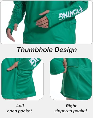 Men's UPF 50+ Fishing Hoodie Sun Shirt, Quick Dry Long Sleeve - color: Green, size: X-Large