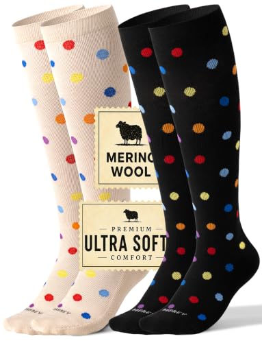 Silky-Soft Merino Wool Compression Socks 15-20 mmHg for Women & Men 2 Pairs - color: 2 Pairs - Polka Dots, size: Small-Medium