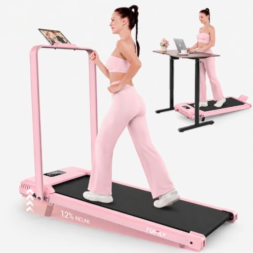FUNMILY Upgrade Walking Pad Folding Treadmill with 12%/15% Incline & Handle Bar, 3.5HP Foldable Under Desk Compact Treadmills for Home/Office/Gym, 400+lb Capacity, Shock Absorption - color: Best Baby Pink T