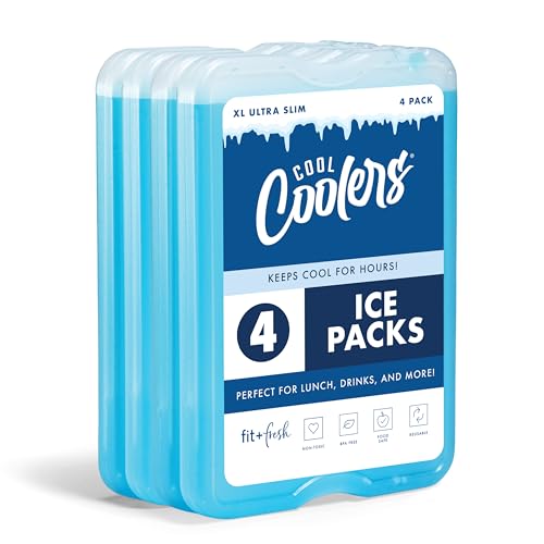 Cool Coolers by Fit & Fresh 4 Pack XL Slim Ice Packs, Quick Freeze Space Saving Reusable Ice Packs for Lunch Boxes or Coolers - color: Blue (4 Pack)