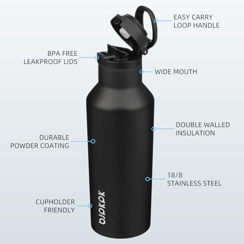 BJPKPK 17oz Insulated Thermal Water Bottle, Straw & Handle, Stainless Steel - color: Black, size: 17 Ounces