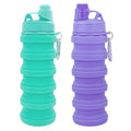 Collapsible Water Bottles Travel water bottle Sports Portable Sport Water Bottle Reusable Water Bottles comes with mountaineering Buckle 500ml silicone Water-proof camping water bottle - color: Green+Purple, style: 2 pack