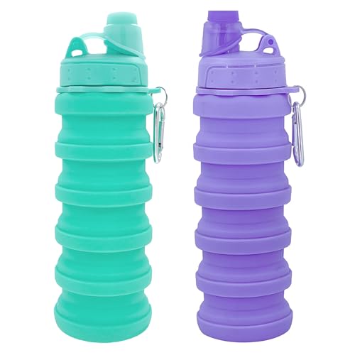 Collapsible Water Bottles Travel water bottle Sports Portable Sport Water Bottle Reusable Water Bottles comes with mountaineering Buckle 500ml silicone Water-proof camping water bottle - color: Green+Purple, style: 2 pack