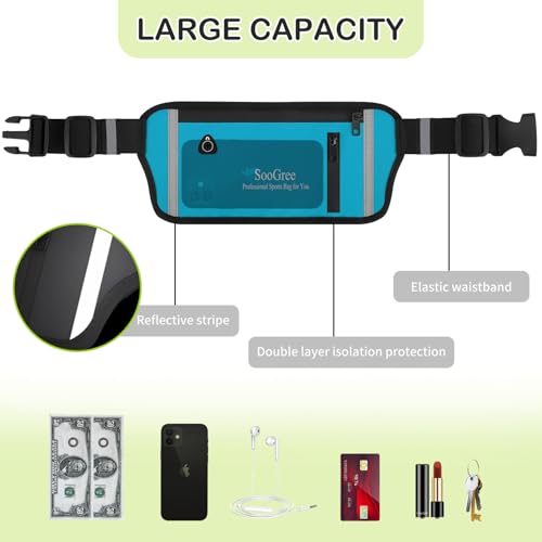 SooGree Fanny Packs for Women Men Slim Running Belt Waist Pack Runners Bag Waterproof Money Belt Phone Holder for Sports Hiking Traveling Walking Reflective Strip Adjustable Strap - color: Blue, size: 1187