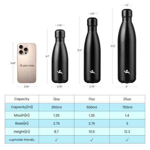 Konokyo 12 oz Insulated Stainless Steel Water Bottle, Midnight Black - color: Midnight Black, size: 12 Ounces