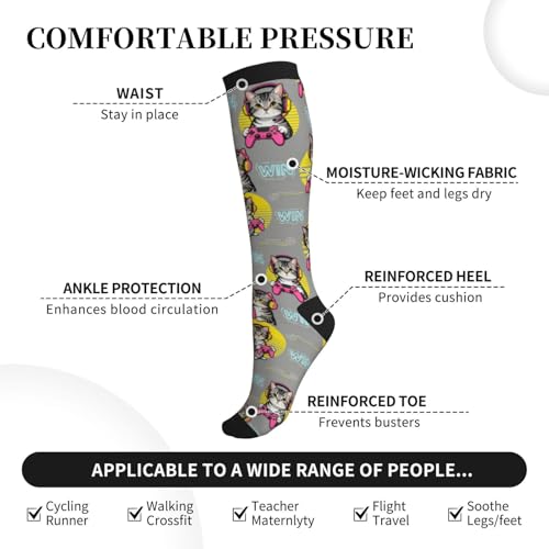 Compression Socks, Unisex 15-20 mmHg Knee High Support Socks - color: Gaming Cat