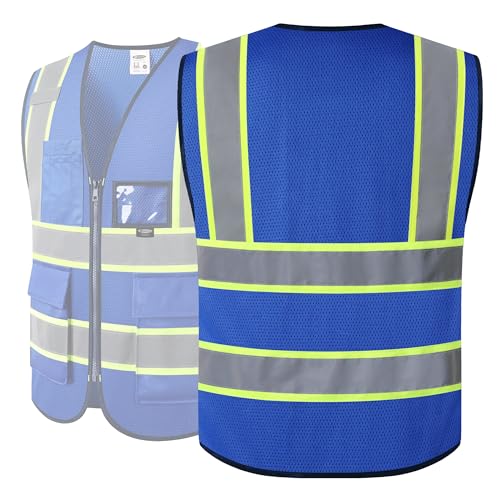 JKSafety Safety Vest for men women Hi Vis Vest with Pockets and Zipper High Visibility Reflective Vests BX320 - color: Blue, size: X-Large