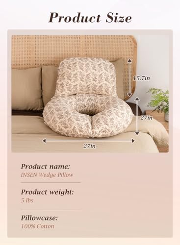 INSEN Wedge Pillow Set for Sleeping and After Surgery, Use for Acid Reflux, Reading and Relaxing, Headboard Pillow for Sitting in Bed, Brown Flower - color: Brown Flower