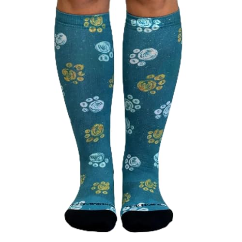 Crazy Compression Over-the-Calf Socks with Fun Designs - color: Best Frens Paw Prints Teal (Wide), size: Large-X-Large