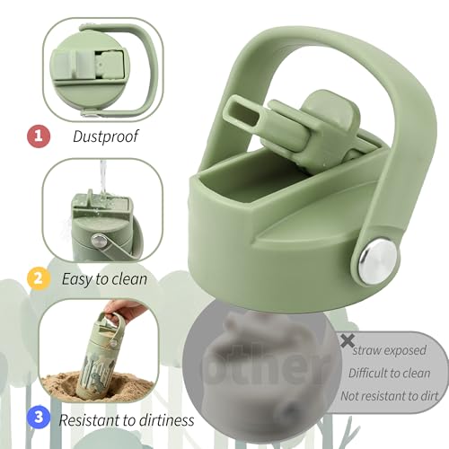 14 oz Insulated Water Bottle with Straw Lid and Handle, Stainless Steel Leak Resistant Travel Bottle for Lunch, Backpack, Camping, Green Dinosaur - color: Cute Dinosaur