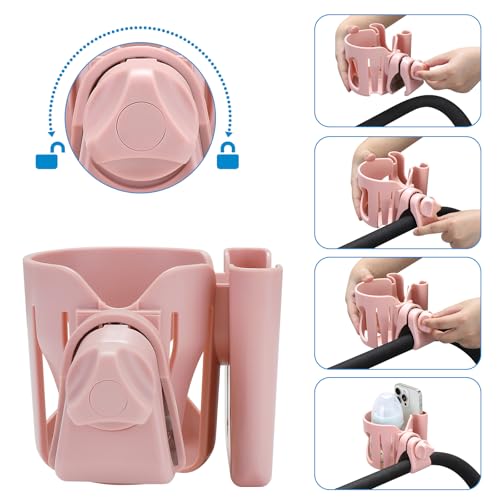 Accmor Stroller Cup Holder, Universal Cup Holder for Walker Wheelchair Bike Scooter, 360° Rotatable Stroller Cup Holder Attachment Walker Wheelchair Accessory - color: Cup Phone Holder-Pink