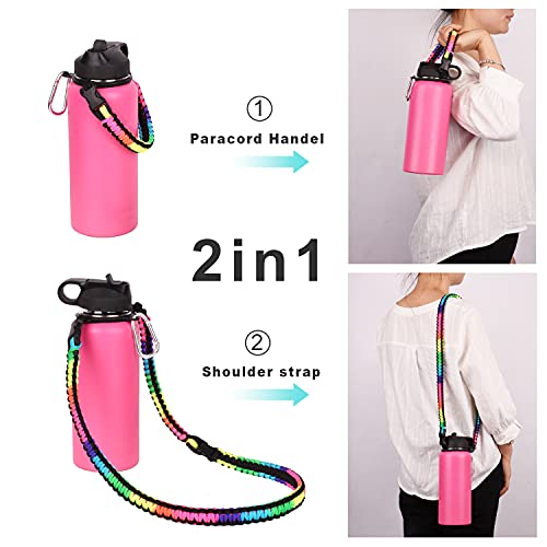 Wongeto Paracord Handle Carrier Holder with Shoulder Strap,Compatible with Hydro Flask Wide Mouth Water Bottles - color: Rainbow