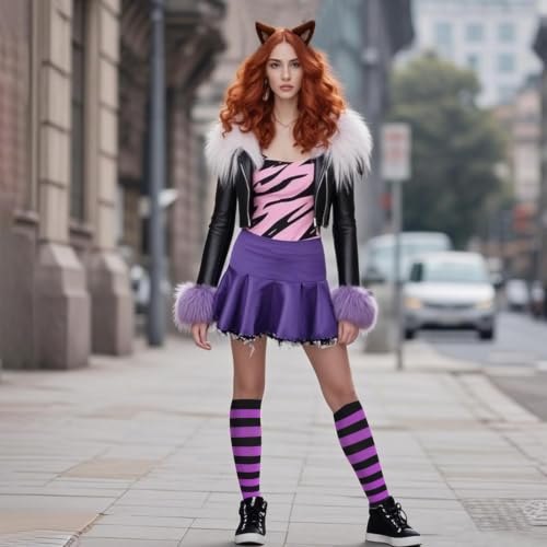 Junely Compression Socks for Women Knee High Striped Polka Dot Stockings - color: Black Purple
