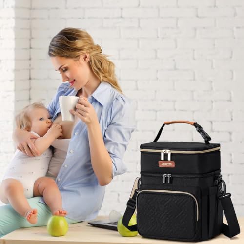 Breastmilk Cooler Bag with Ice Pack Fits 6 Baby Bottles Up to 9 Ounce, Double Deck Leak-Proof Baby Bottles Bag with Shoulder Strap for Nursing & Working Mom, - color: Black with pocket