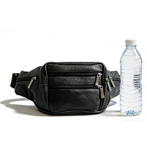 Genuine Cowhide Leather Fanny Pack, Separate Storage 7 Pockets Waist Pack - color: black
