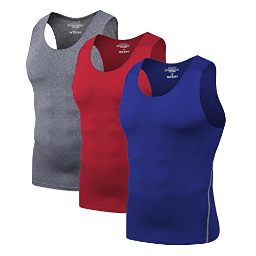 Mens 3 Pack Compression Tank Tops Sleeveless Compression Shirt - color: Grey+red+blue, size: 3X-Large