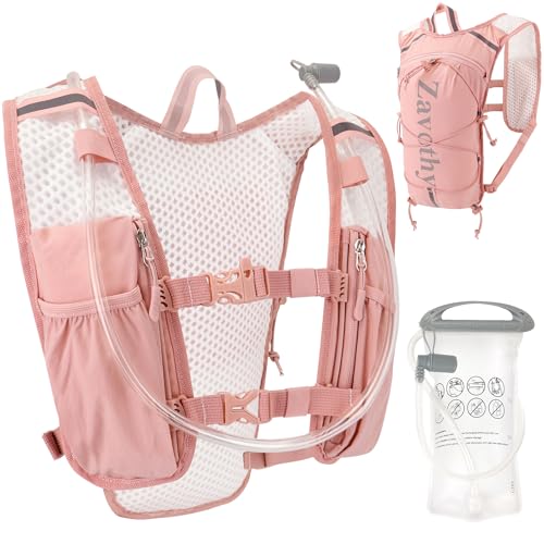 Zavothy Hydration Vest Pack with 1.5L Water Bladder, Lightweight 6L Hydration Backpack for Running, Hiking & Cycling, Breathable Reflective Hydration Vest for Men & Women - color: Pink