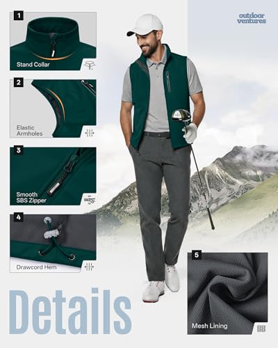 Outdoor Ventures Men's Running Golf Vest Outerwear Lightweight Windproof - color: Dark Green, size: Small