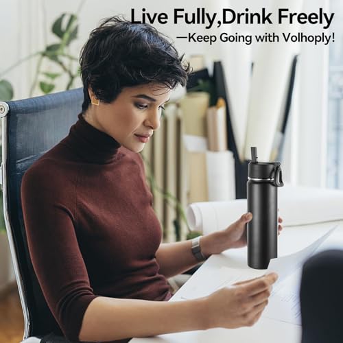 Volhoply 24oz Insulated Water Bottle with Straw Lid, Black, 1-Pack - color: Black