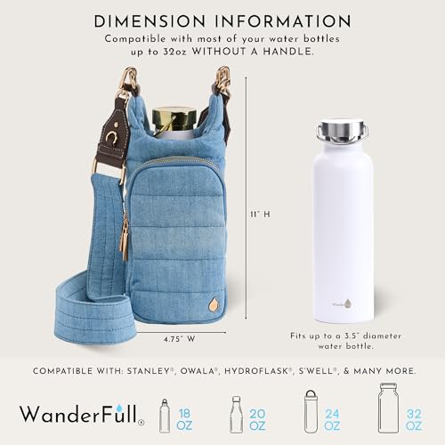 WanderFull® Original HydroBag®, Fits Up to 32 oz Water Bottle Holder with Strap, Gift for Women, Hands-Free Crossbody, Water Bottle Carrier Bag with Phone Pocket - color: Denim