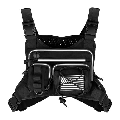 Tactical Breathable Chest Bag, Multi-functional Running Vest, Featuring Reflective Zipper Pocket and Flag Patch, Adjustable Straps, for Night Running, Hiking, Cycling and Fitness Use (Black)
