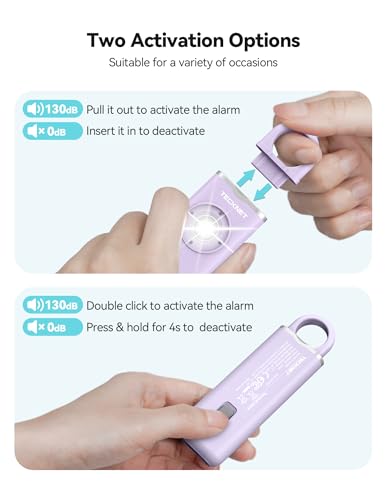 TECKNET Rechargeable Personal Safety Alarm for Women, 130dB Self Defense Keychain Alarm with SOS Strobe Light, Low Battery Notice, Personal Alarm Loud Siren Safety Keychain for Girls Kids Elderly - color: Lavender Purple