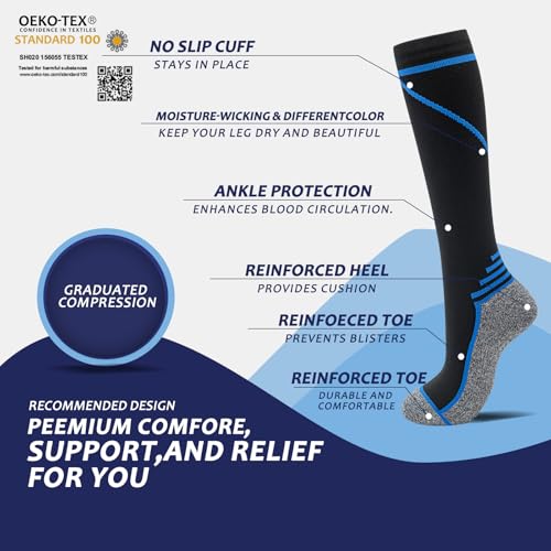 fenglaoda 8 Pairs Compression Socks for Men & Women 20-30 mmHg Knee High Nurse Pregnant Running Medical and Travel Athletic - color: 00-8 pairs-blue/yellow/grey/white line-NEW, size: Small-Medium