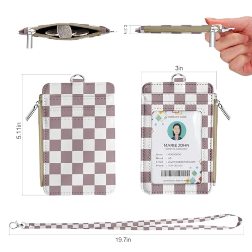 bolimoss Lanyard Wallet with Id Badge Holder, Small Keychain Wallet Wristlet, Pu Leather Zipper Credit Card Holder Neck Strap for Women School Teacher Student Nurse Office Worker - color: Dusty Rose Checkerboard