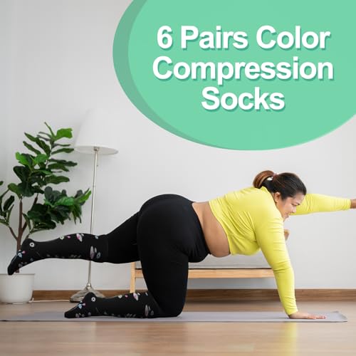 Jspupifip 6 Pairs Plus Size Compression Socks for Women, Wide Calf - color: Black White Beige, size: 4X-Large
