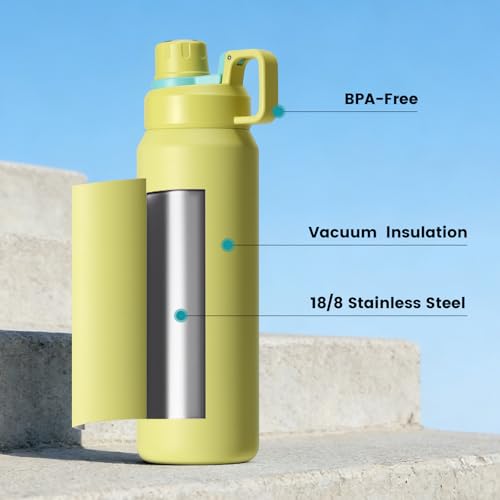 30oz Yellow Insulated Water Bottle with Carry Handle for Gym, Commute - color: Yellow
