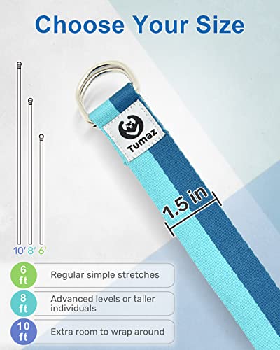 Tumaz Yoga Strap for Stretching with Adjustable D-Ring, 6/8/10 ft - color: 03. Blue Match, size: 6 Feet