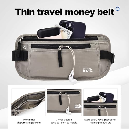 Unisex Money Belt with RFID Blocking Sleeves, Slim Passport Holder RFID Blocking Travel Essentials, Waist Pouch to Protect Cash, Light Grey & 6 Sleeves - color: Light Grey & 6 Sleeves, size: Medium